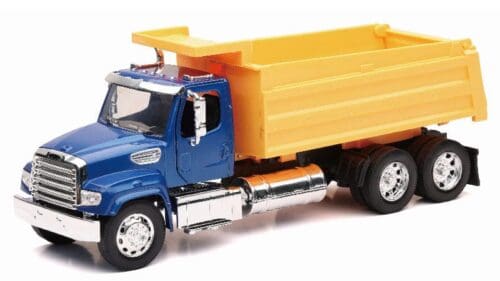 A blue dump truck with yellow side.
