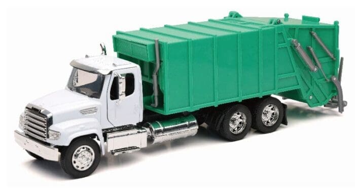 A toy truck with a green dumpster on the back.