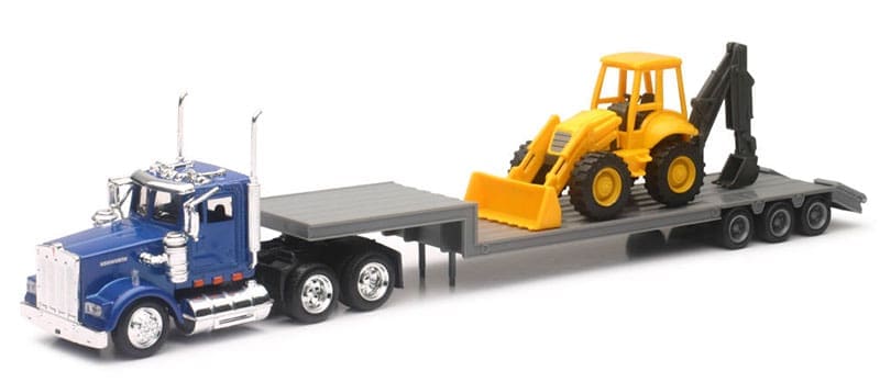 A toy truck with a trailer and a tractor.
