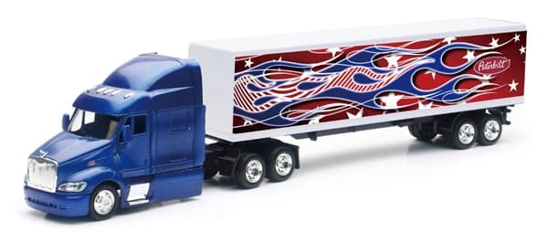 A toy truck with a red, white and blue design on the side.