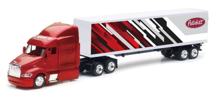 A red and white truck with black stripes on the side.