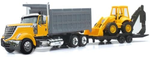 A toy dump truck with a crane on the back.