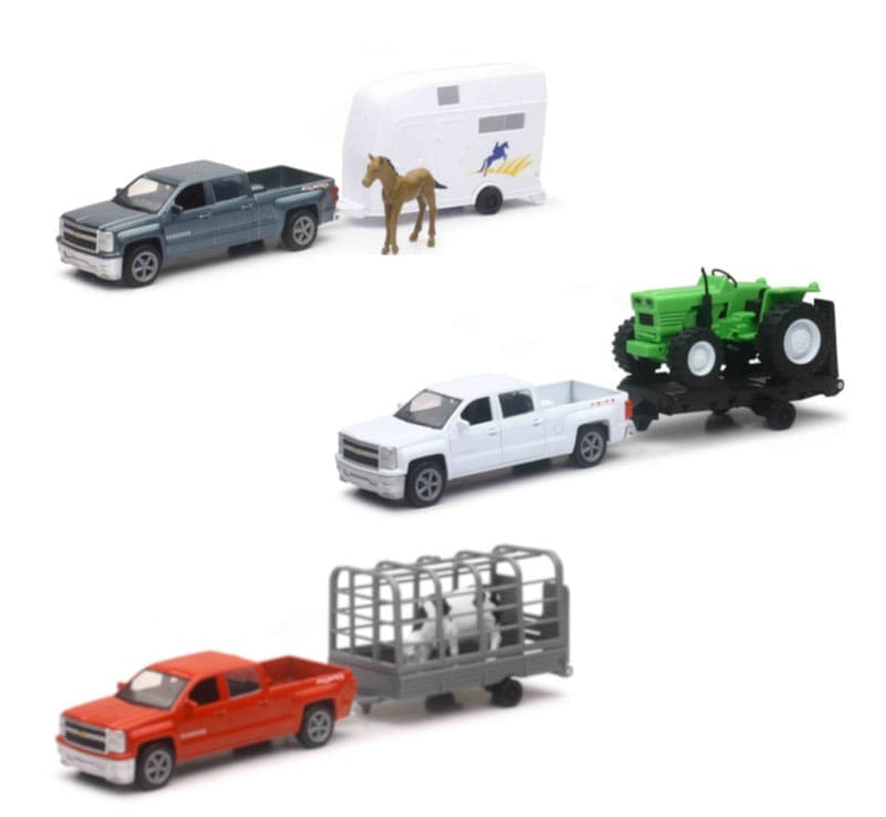 A group of toy trucks and cars with horses.