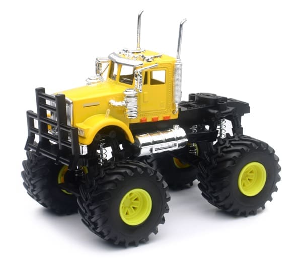A yellow truck with black wheels and tires.