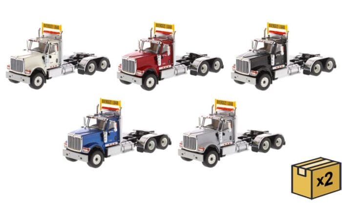 A group of four different colored trucks.