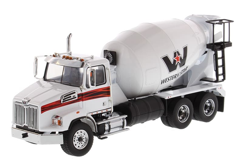 A white cement truck with red lettering and black wheels.