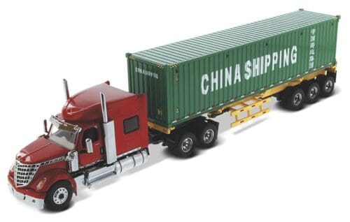 A truck with a trailer that says china shipping.