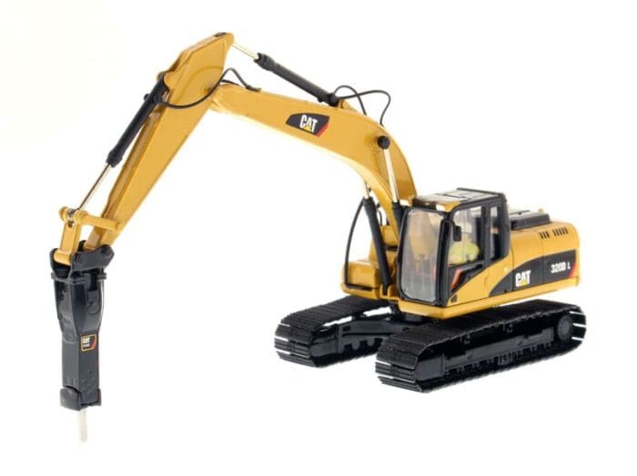 A yellow and black cat excavator with a long arm.