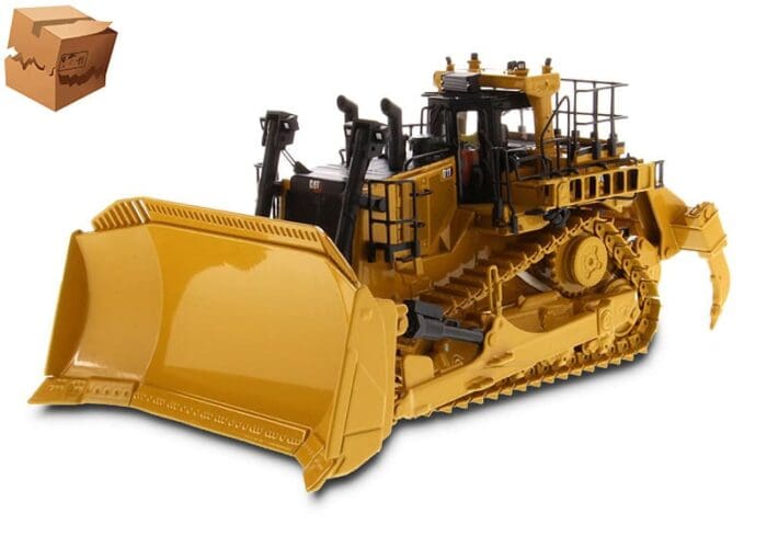 A yellow bulldozer with a black front and its tracks.