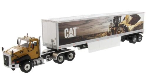 A cat semi truck with trailer and caterpillar logo.