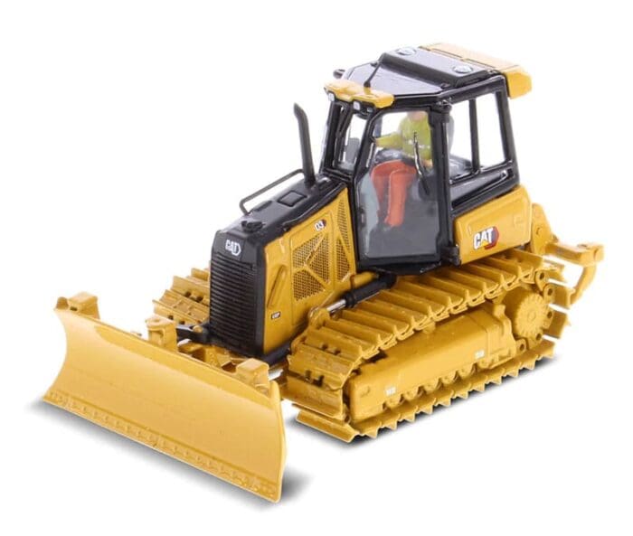 A yellow and black toy bulldozer with a man on the front.