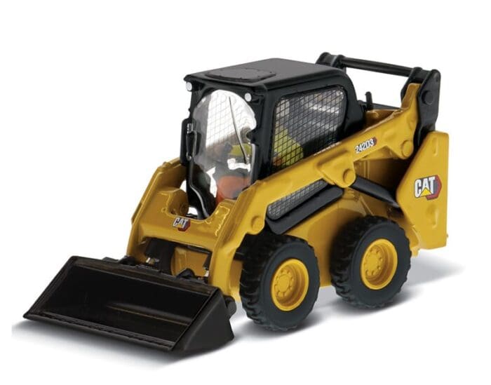 A cat skid steer with bucket and front end loader.
