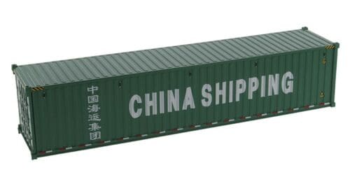 A green container with the words china shipping on it.