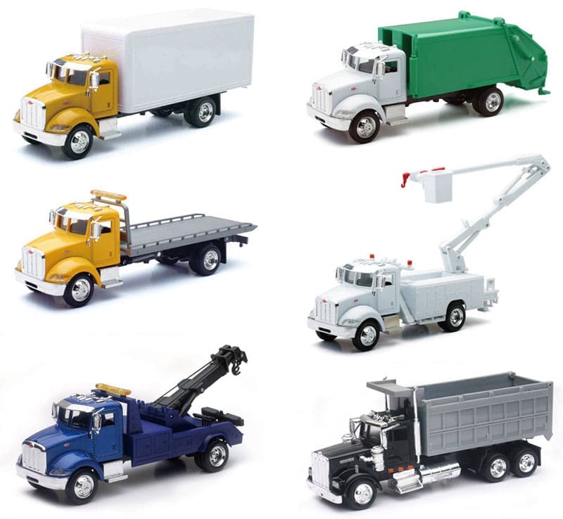 A set of six toy trucks in different colors.