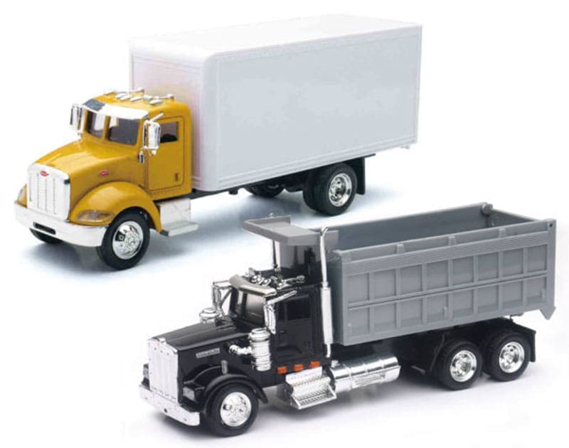 A toy truck and trailer are side by side.