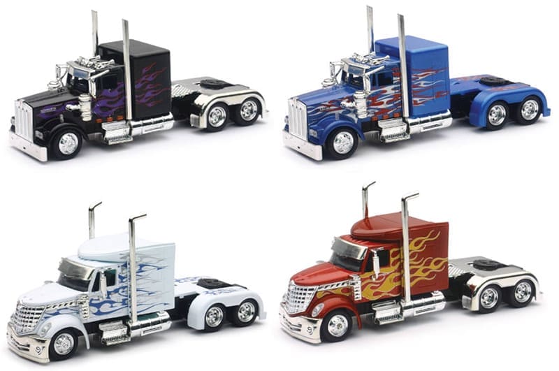 A set of four toy trucks with different designs.