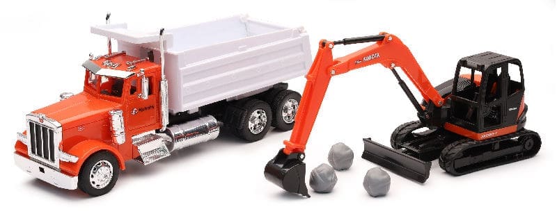 A toy truck and some rocks are next to each other.