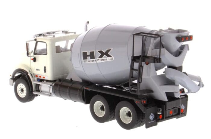 A cement truck is shown with the front end open.