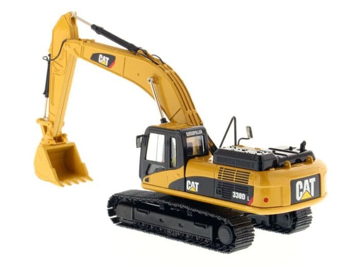 A yellow and black cat construction vehicle with a shovel.
