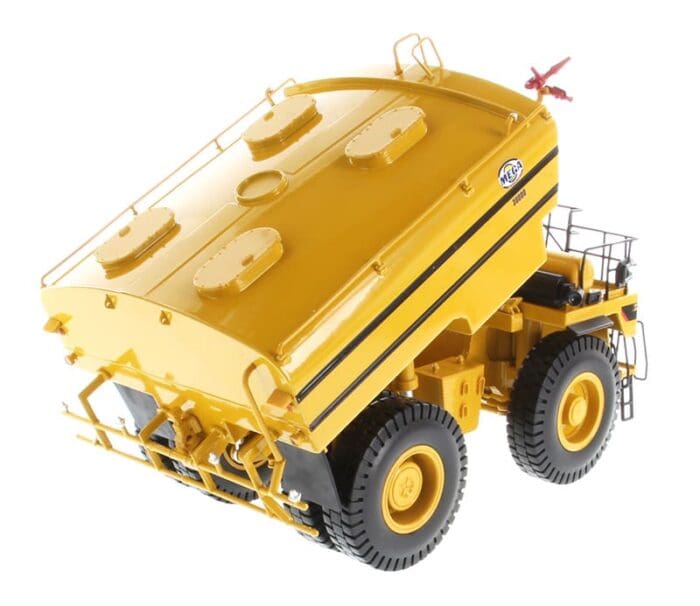 A yellow dump truck with a large body.