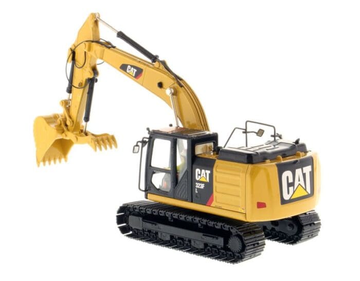 A yellow cat 3 2 0 excavator with its bucket up.
