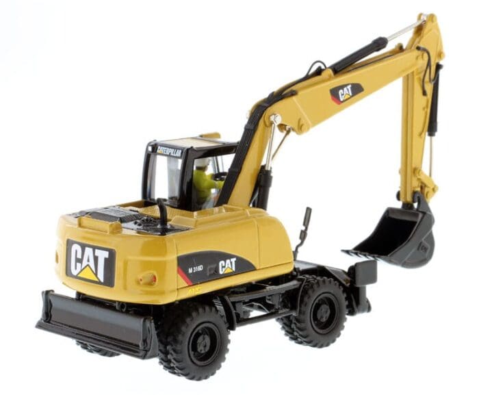 A yellow cat mini excavator with a black bucket.