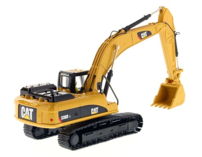 A yellow cat 3 9 0 d excavator with its bucket up.