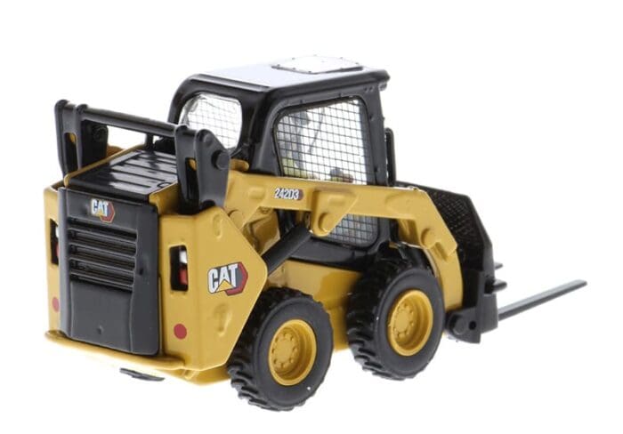 A toy cat skid steer with a black cab and yellow wheels.