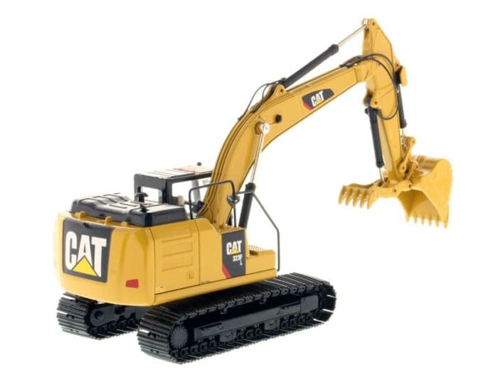 A yellow cat 3 2 0 d l excavator with a large claw.