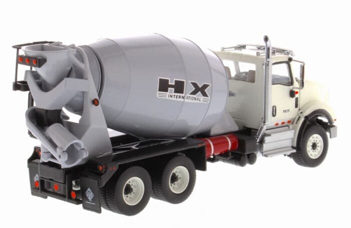 A cement truck with the name " h-x " on it.