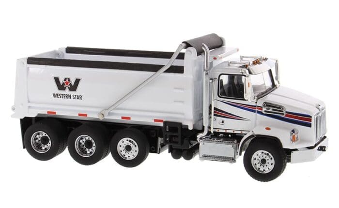 A white dump truck with the words " j & m 1 3 5 8 " on it.