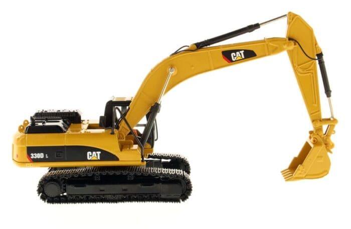 A yellow and black cat construction vehicle on white background