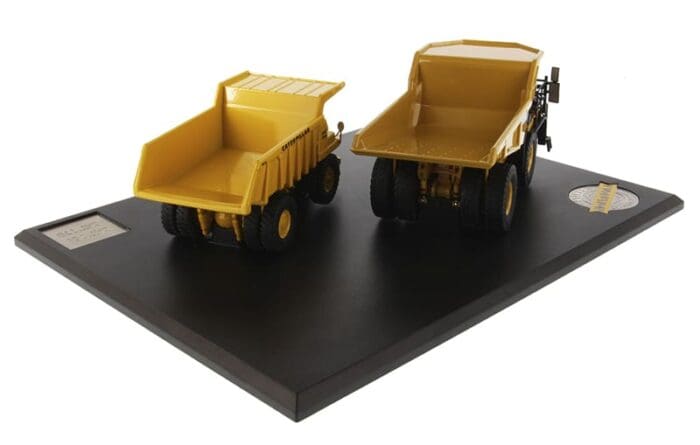 A toy dump truck and trailer on display.