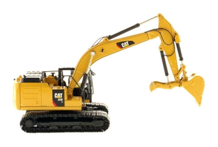 A yellow cat 3 2 0 excavator with a large claw.