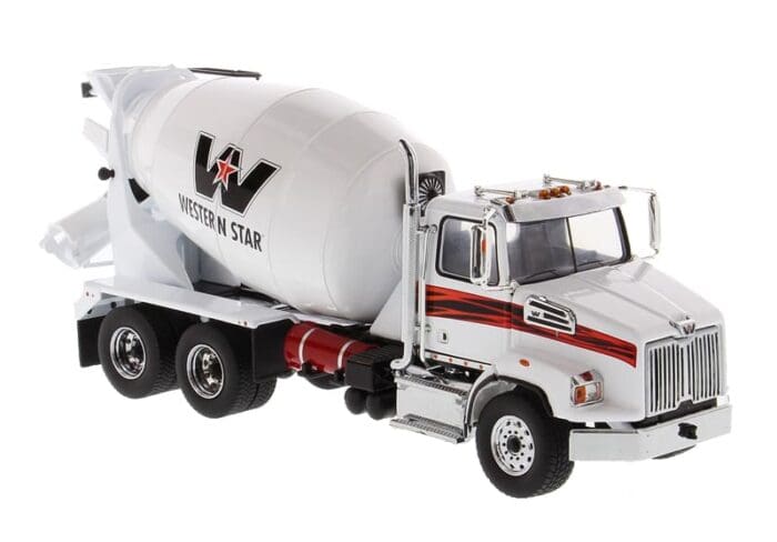 A white cement truck with red lettering and a black stripe.
