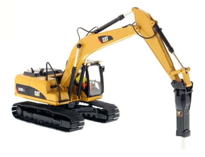 A yellow and black cat construction vehicle with a large claw.