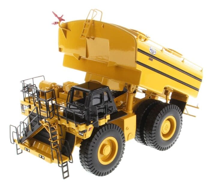 A yellow dump truck with a ladder on the side.