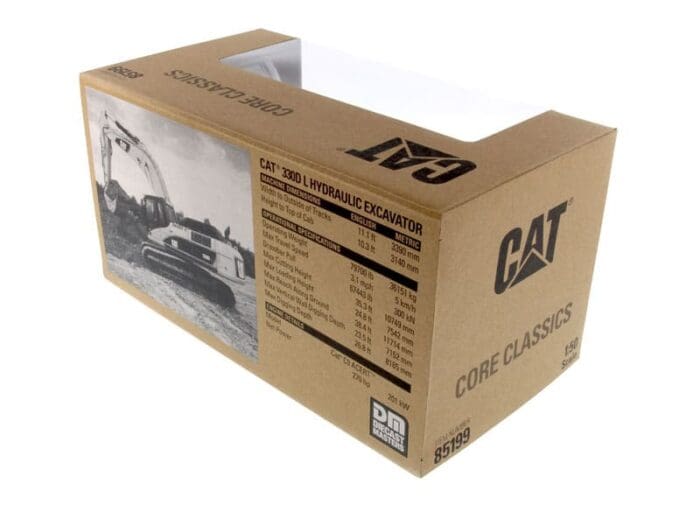 A cardboard box with the cat logo on it.