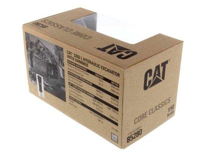 A cardboard box with the cat logo on it.
