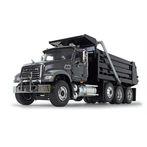 A dump truck is shown with its cab open.