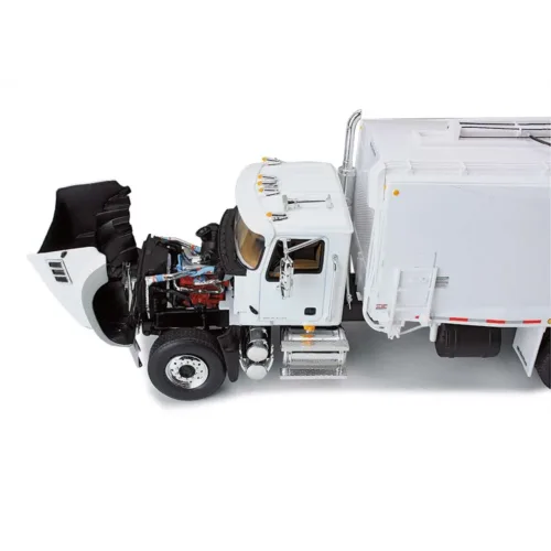 A white garbage truck with its front end broken down.
