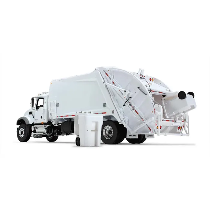A white garbage truck with its side open.
