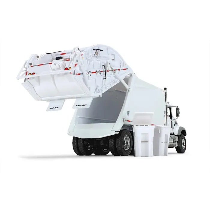 A white garbage truck with its lid open.