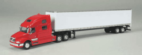 A red semi truck with a white trailer.