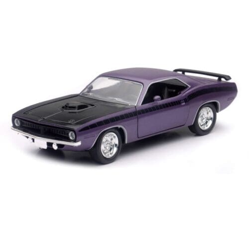 A purple and black toy car is on the floor.