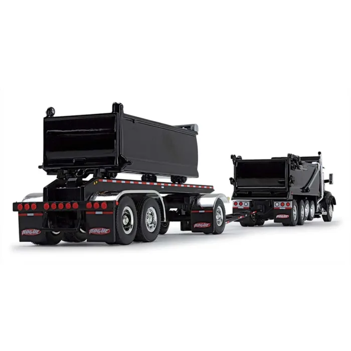 A black dump truck and trailer are parked.