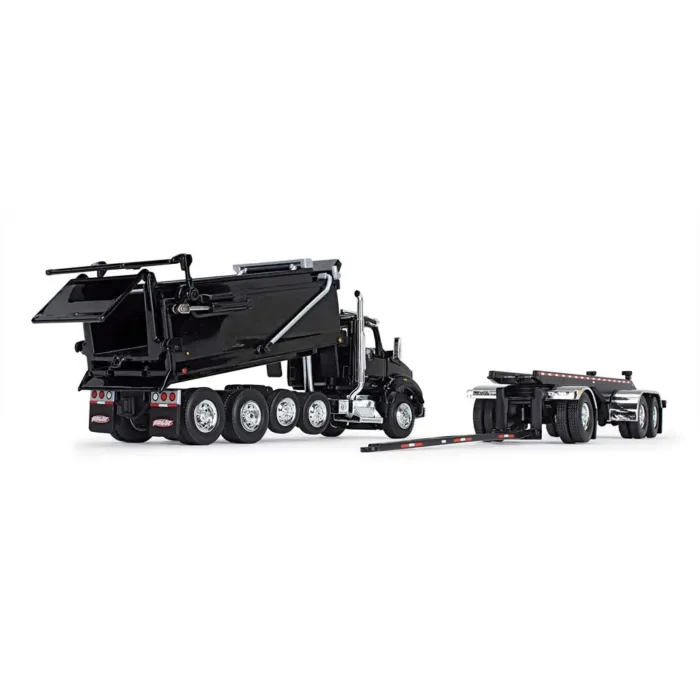 A black dump truck with trailer and crane.
