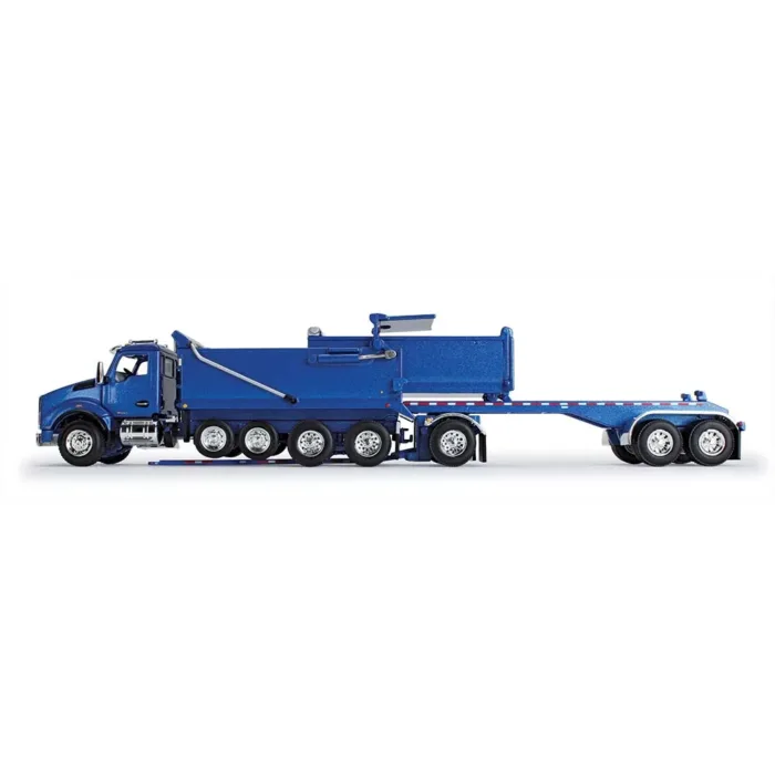 A blue dump truck with a trailer attached.