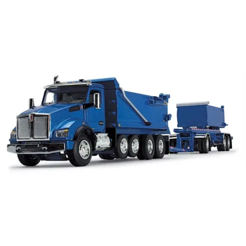 A blue dump truck with a trailer attached.