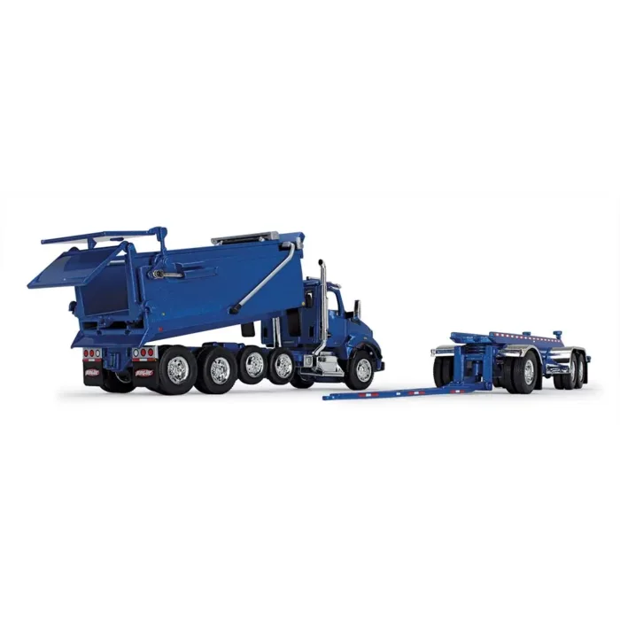 A blue dump truck and trailer on the road.
